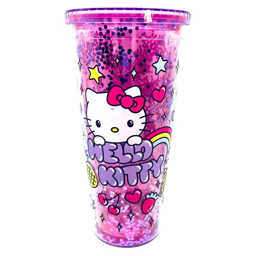 Hello Kitty Hot Pink Glitter Heart Cherry Star Rainbow Y2K Travel Tumbler Kawaii